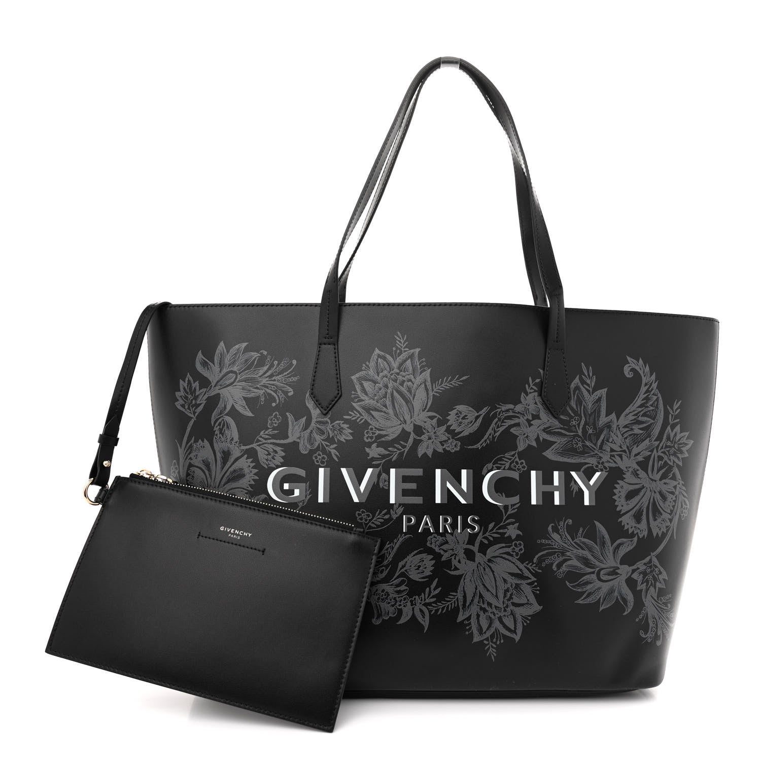Givenchy Smooth Calfskin Floral Print Logo Wing Shopper Tote Black White 3 of 13