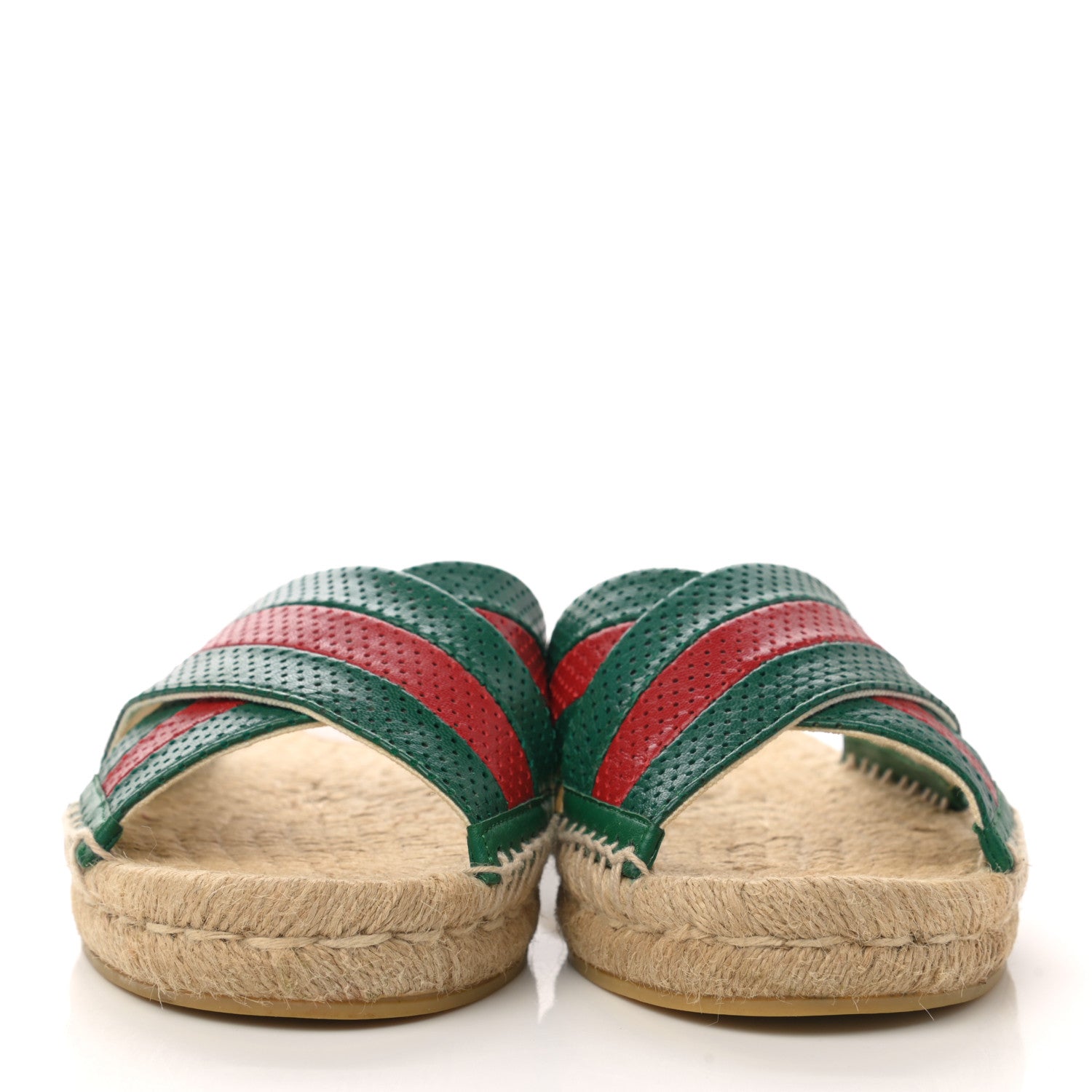 Gucci Malaga Kid Perforated Criss Cross Espadrille Slide Sandals 37 Emerald Hibiscus Red 2 of 10