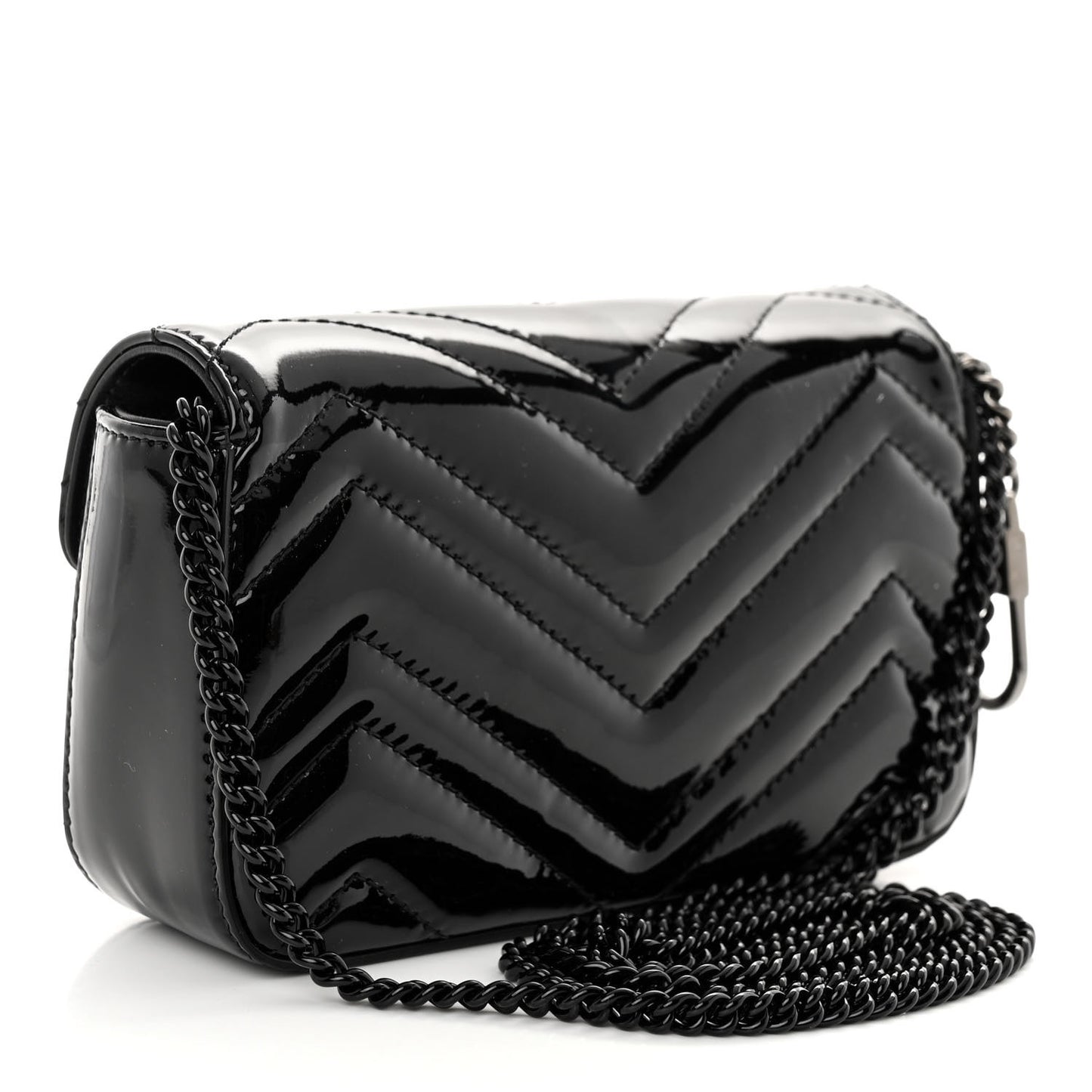 Patent Lambskin Enamel Matelasse Monochrome Super Mini GG Marmont Shoulder Bag Black