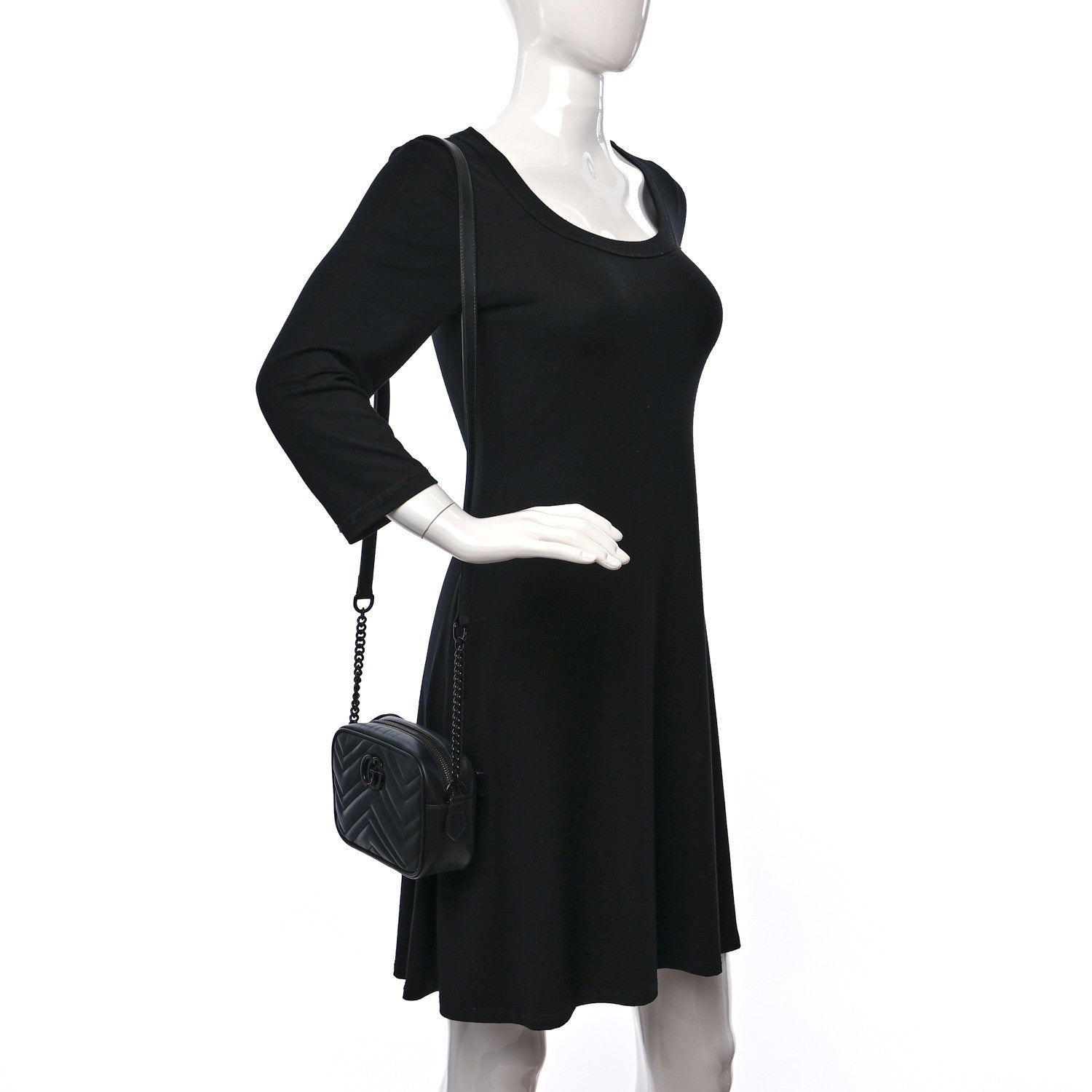 Gucci Calfskin Matelasse Monochrome Mini GG Marmont Chain Shoulder Bag Black 2 of 8