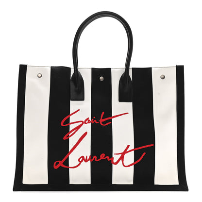 Saint Laurent Canvas Noe Striped Tote Black White 1 of 10