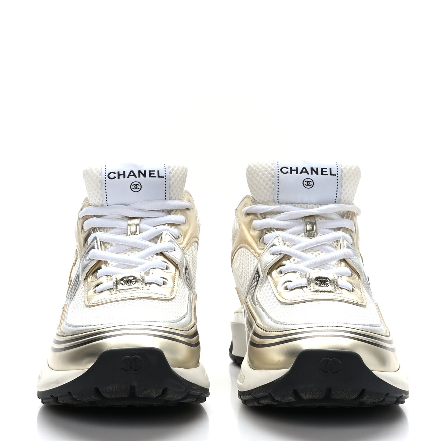 Fabric Laminated Calfskin Stretch CC Sneakers 39.5 White Gold Silver