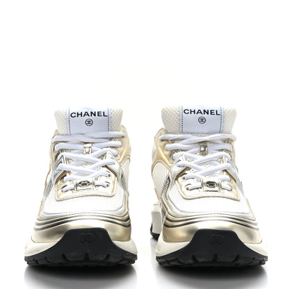 Chanel Fabric Laminated Calfskin Stretch CC Sneakers 39.5 White Gold Silver 2 of 8