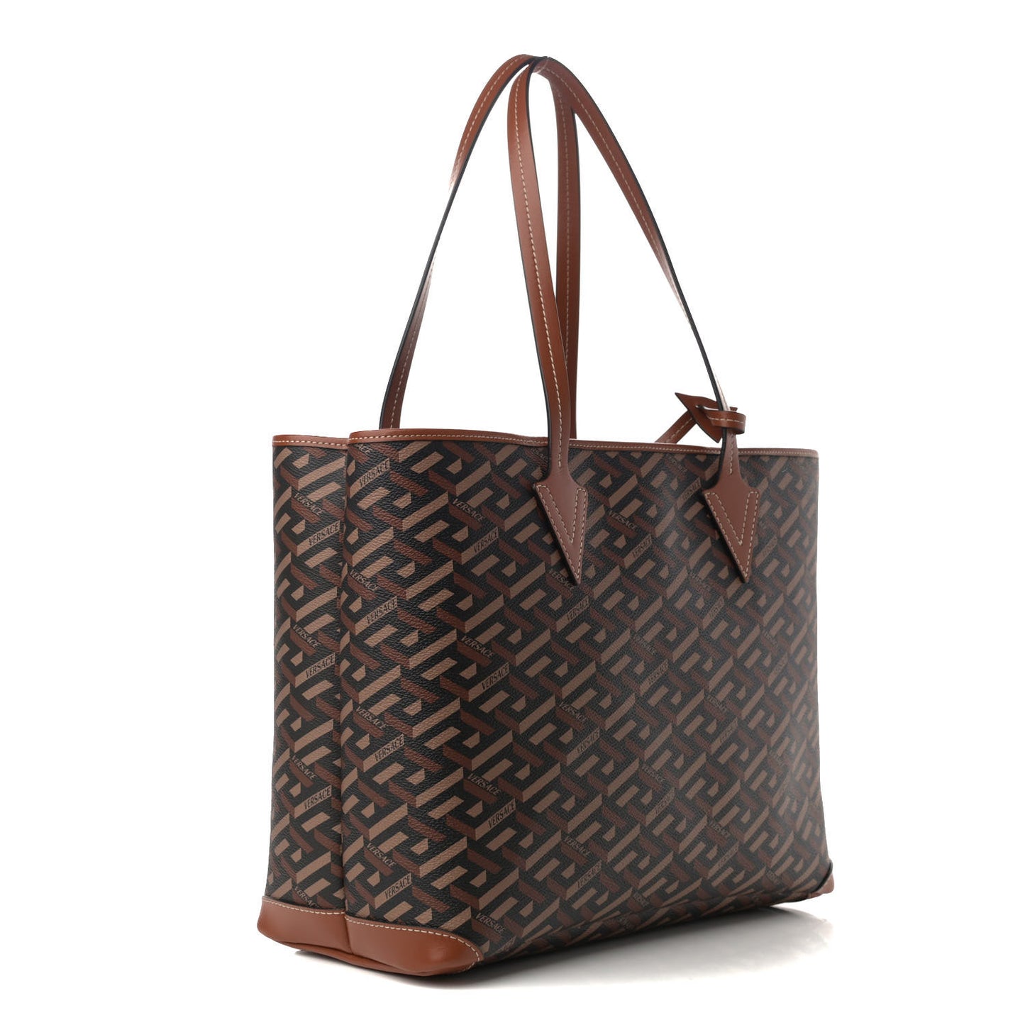 Coated Canvas Calfskin La Greca Signature Shopper Tote Bag Black Caramel
