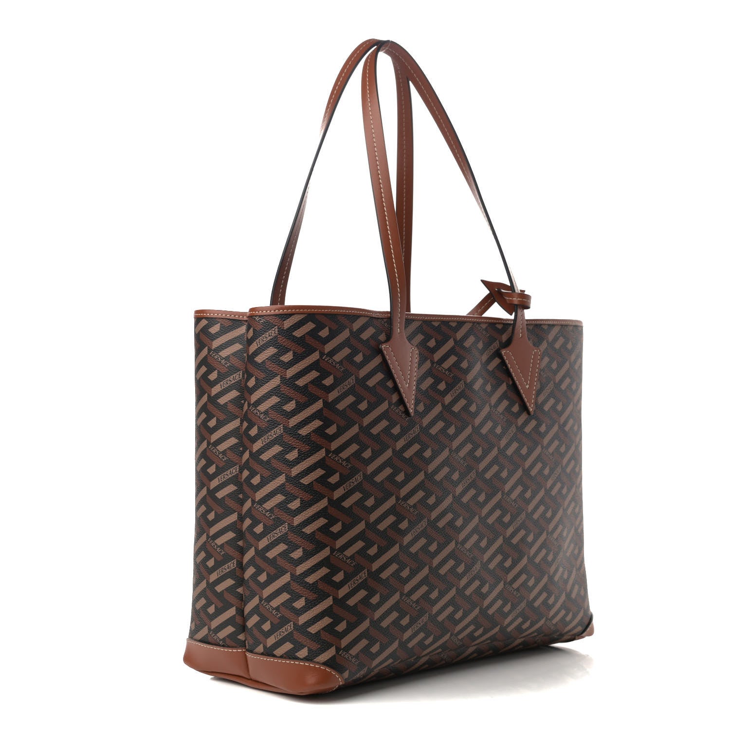 Versace Coated Canvas Calfskin La Greca Signature Shopper Tote Bag Black Caramel 4 of 10
