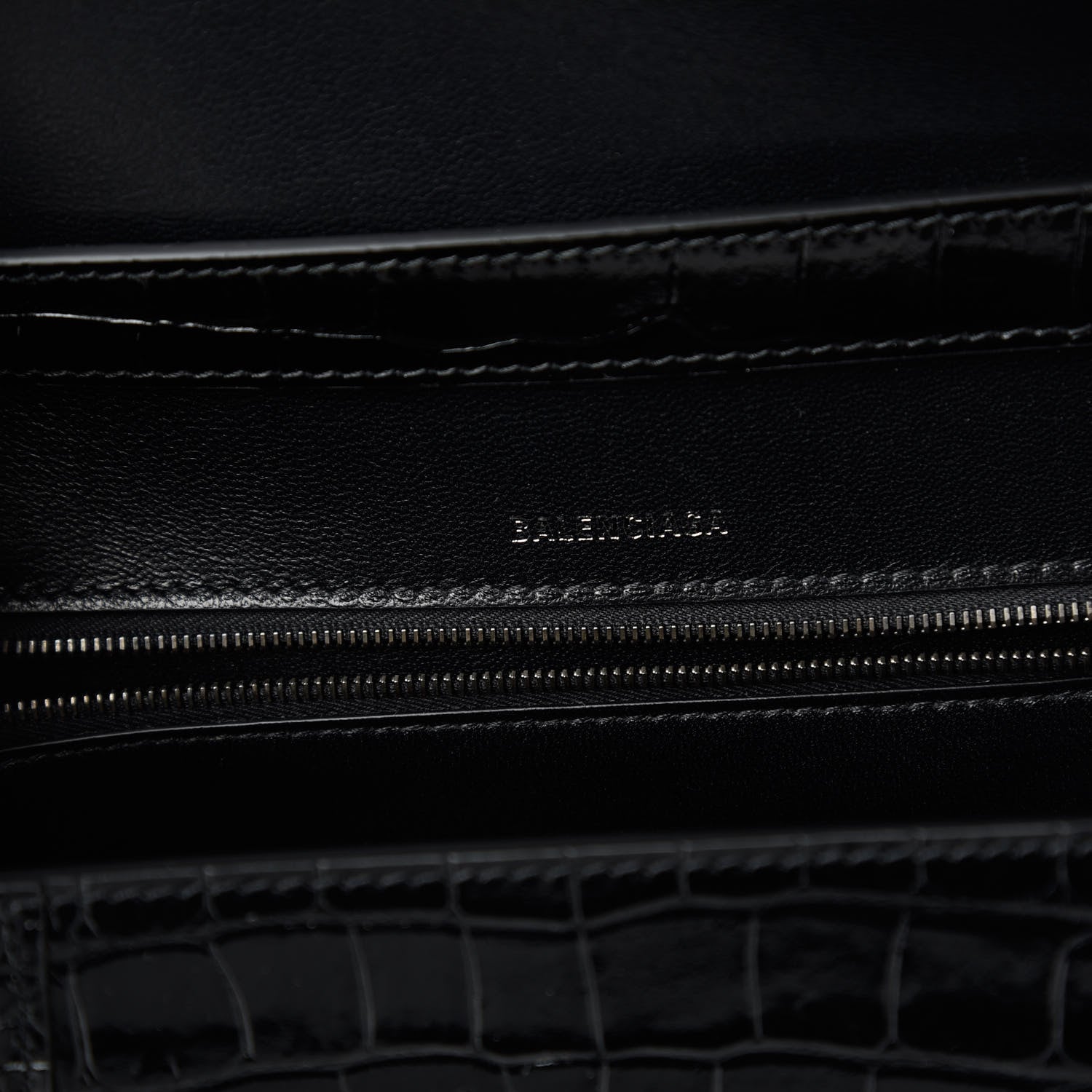 Balenciaga Shiny Calfskin Monochrome Crocodile Embossed Small Hourglass Sling Shoulder Bag Black 8 of 9