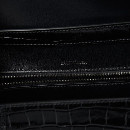 Balenciaga Shiny Calfskin Monochrome Crocodile Embossed Small Hourglass Sling Shoulder Bag Black 8 of 9