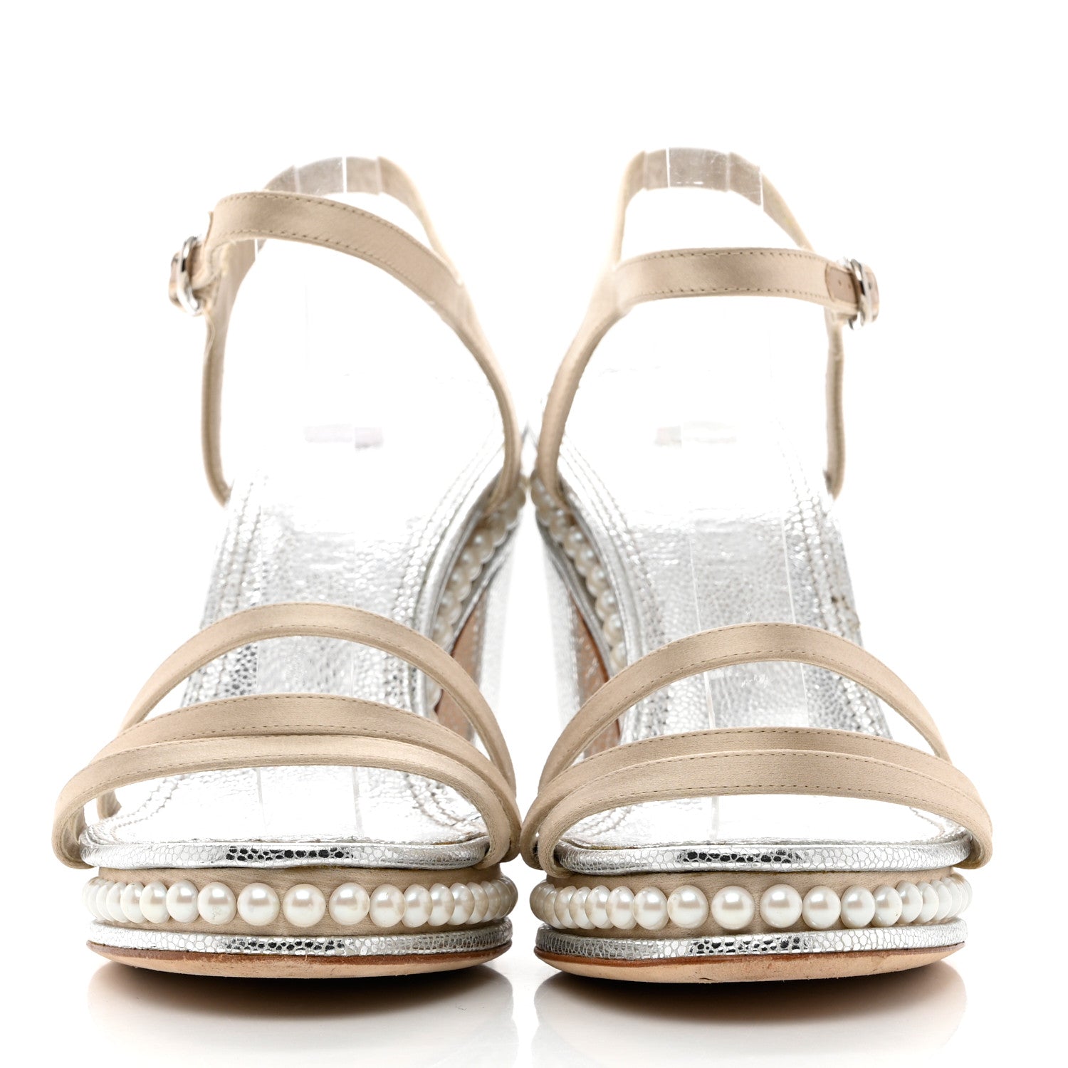 Chanel Metallic Caviar Satin Pearl Strappy Sandals 42 Silver Beige 2 of 9