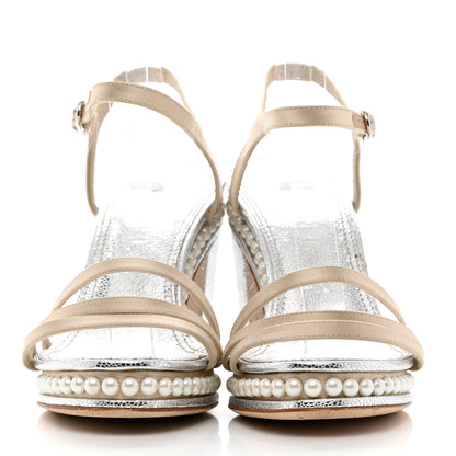 Chanel Metallic Caviar Satin Pearl Strappy Sandals 42 Silver Beige 2 of 9