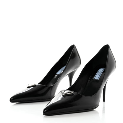 Prada Spazzolato Metal Triangle Logo Pointed Toe Pumps 37 Black 3 of 7
