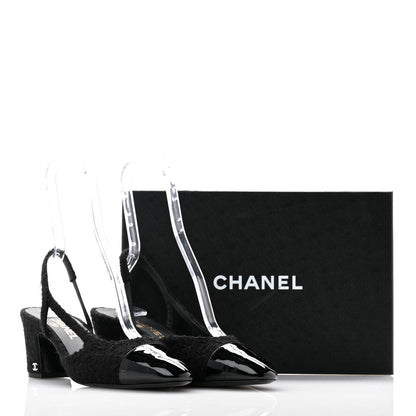 Chanel Tweed Patent Cap Toe CC Slingback Pumps 40 Black 9 of 9