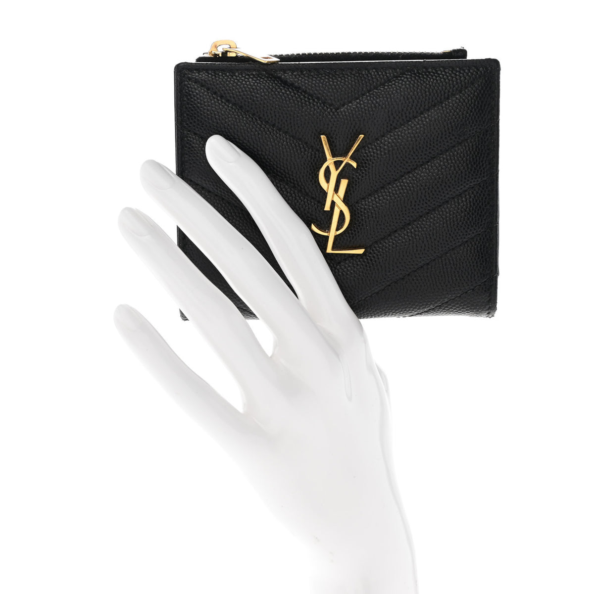 Saint Laurent Grain De Poudre Matelasse Chevron Monogram Zipped Card Case Black 2 of 10