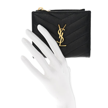 Saint Laurent Grain De Poudre Matelasse Chevron Monogram Zipped Card Case Black 2 of 10