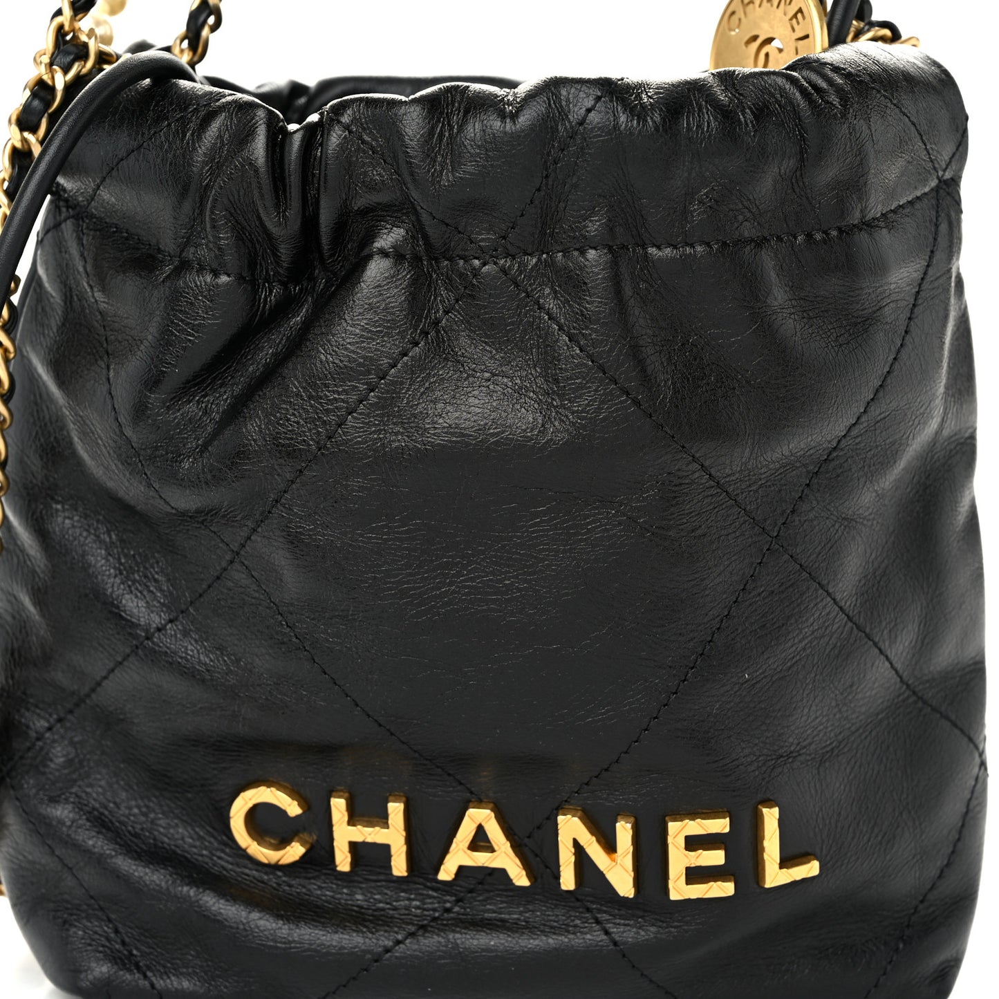 Shiny Crumpled Calfskin Quilted Pearl Mini Chanel 22 Black