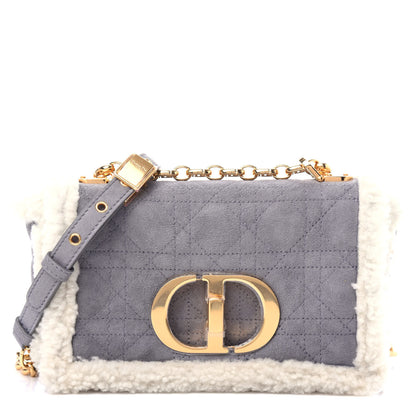 Christian Dior Shearling Sheepskin Wool Cannage Small Caro Bag Gray 1 of 9