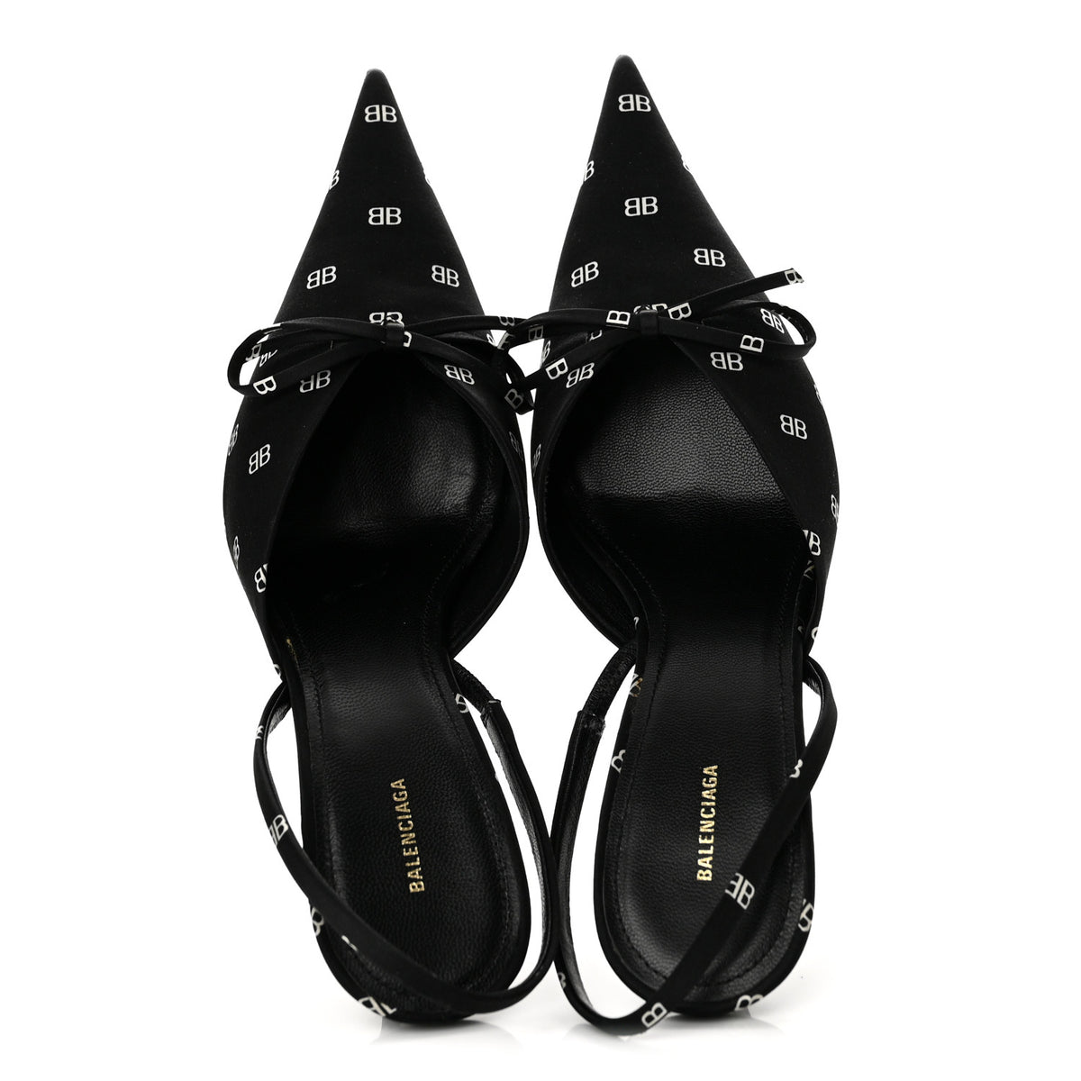 Satin BB Logo Pointed Toe Knife Slingback Mules 38 Black White