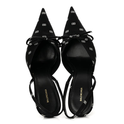 Balenciaga Satin BB Logo Pointed Toe Knife Slingback Mules 38 Black White 2 of 11