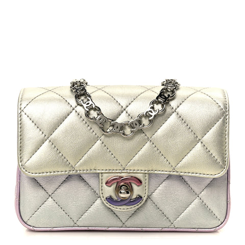 Gradient Metallic Calfskin Quilted Clutch Silver Blue Yellow Purple
