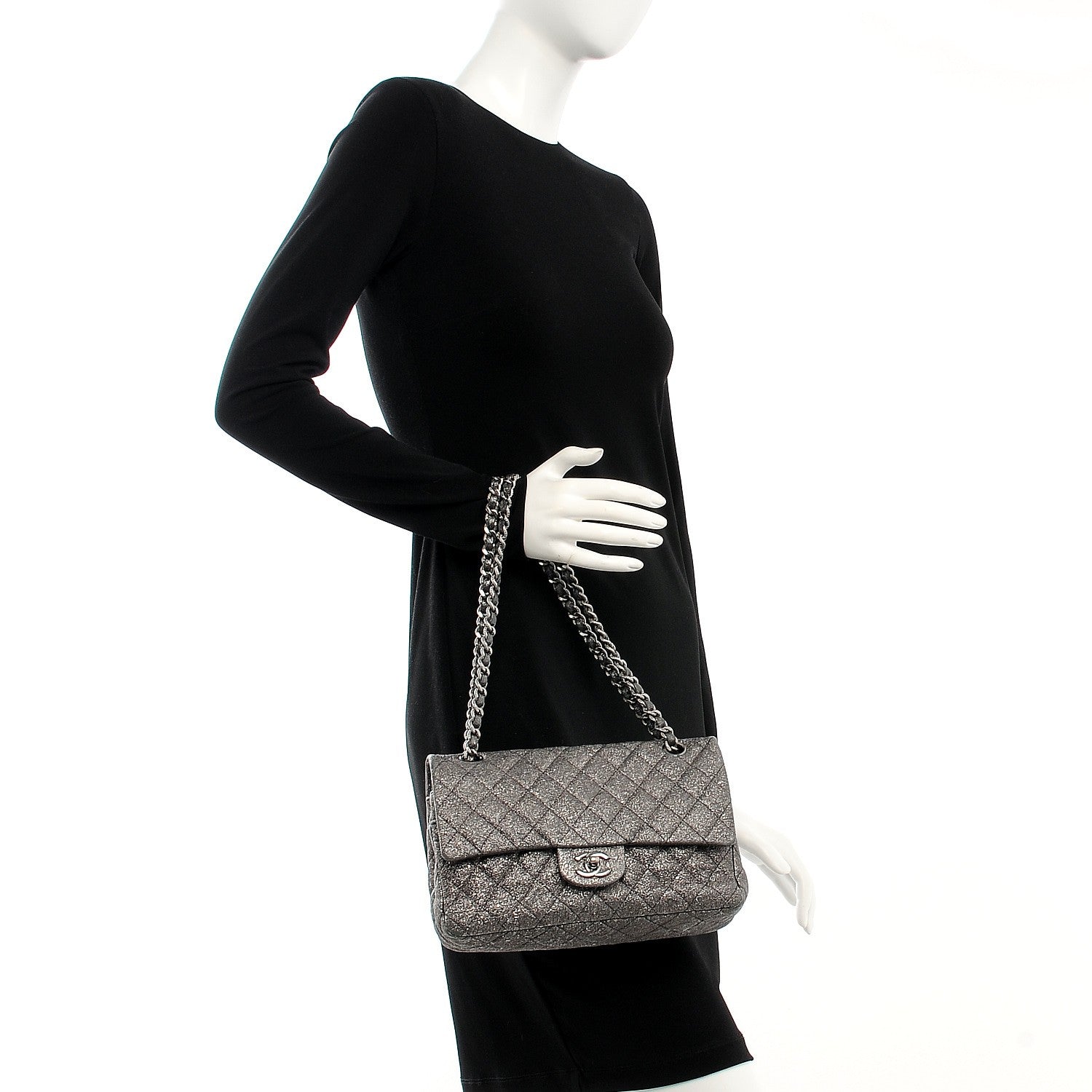 Chanel Metallic Crackled Calfskin Medium Double Flap Argent Fonce 2 of 11