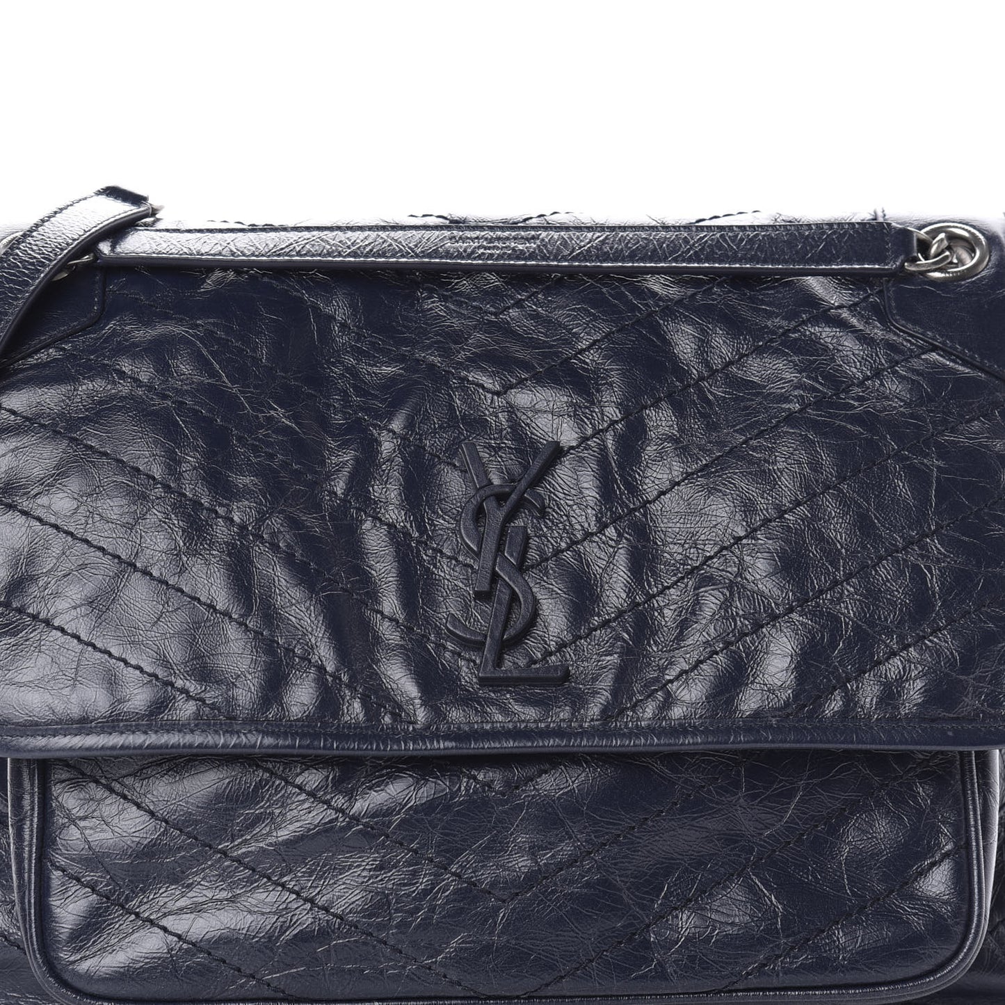 Crinkled Calfskin Matelasse Monogram Large Niki Chain Satchel Deep Marine