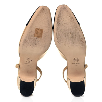 Chanel Goatskin Grosgrain Cap Toe CC Slingback Pumps 38 Beige Black 5 of 7