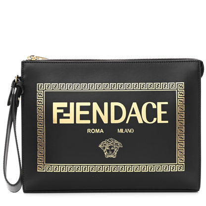 Fendi X VERSACE Vitello Grace Fendace FF Baroque Logo Large Flat Pouch Black 1 of 9