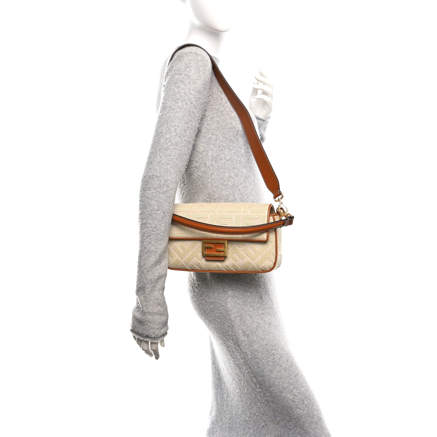 Fendi Raffia Vitello King Lucido FF Embroidered Baguette Alchemy Brandy 2 of 9