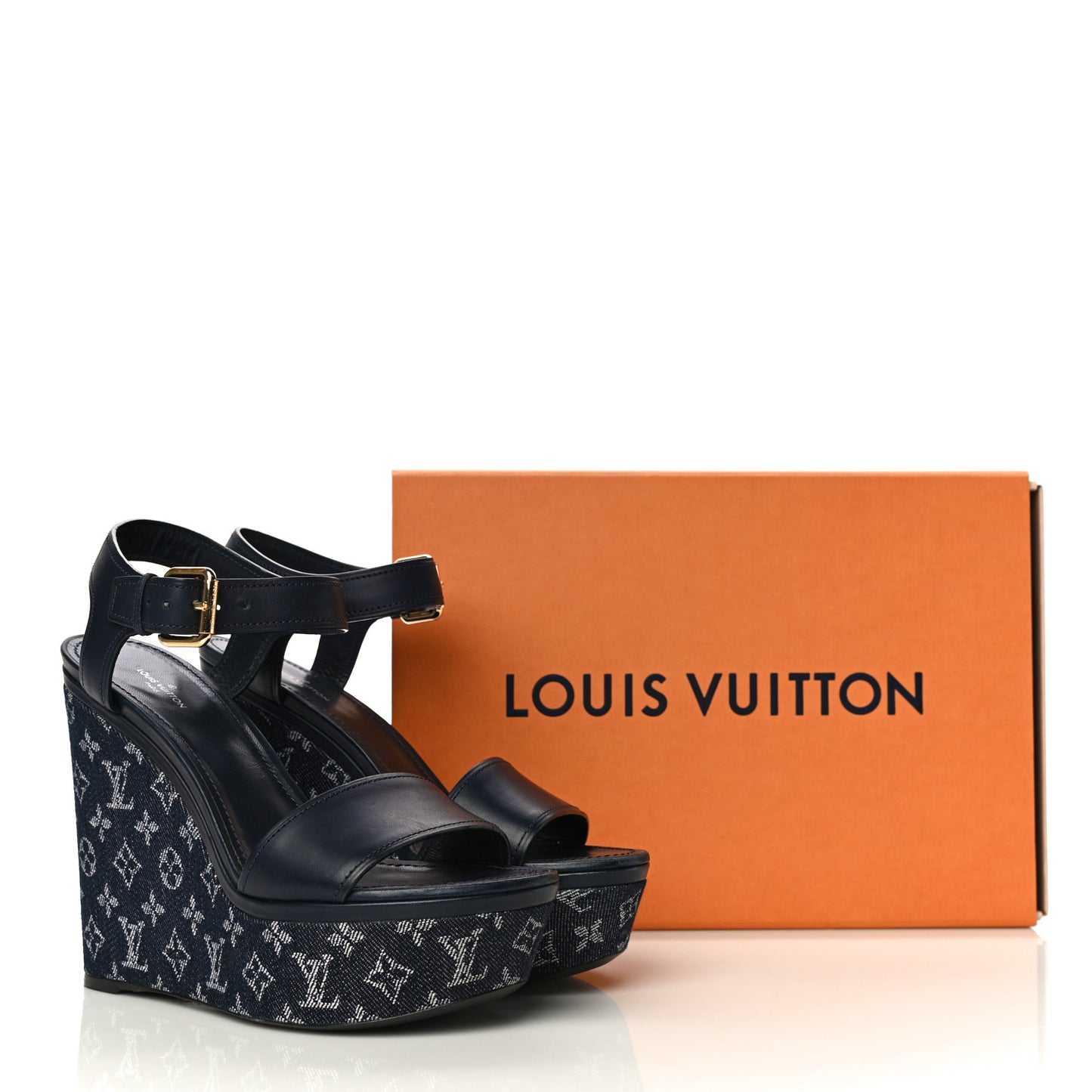 Calfskin Monogram Denim Waterfall Wedge Sandals 38 Blue