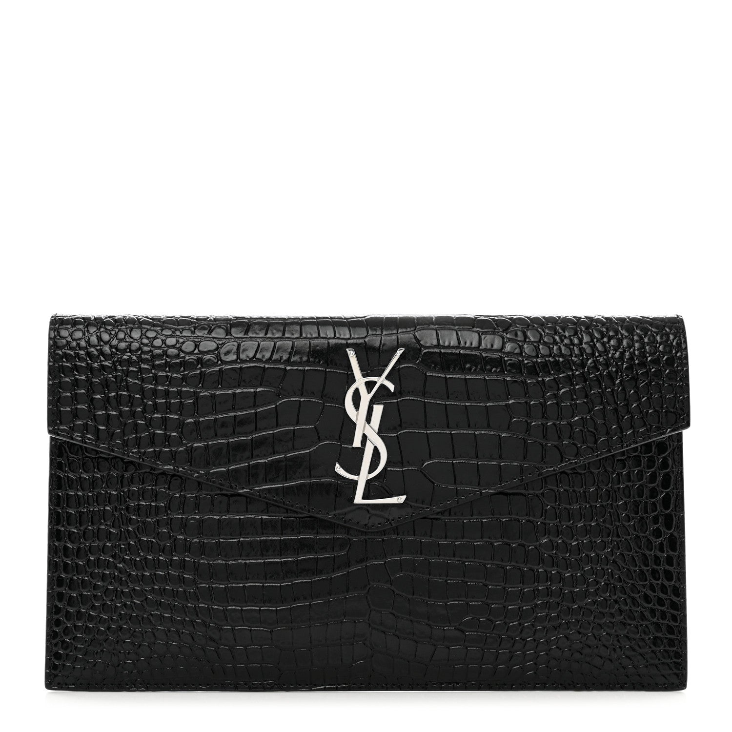 Saint Laurent Calfskin Crocodile Embossed Uptown Monogram Clutch Black 1 of 6