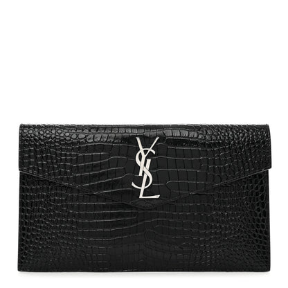 Saint Laurent Calfskin Crocodile Embossed Uptown Monogram Clutch Black 1 of 6