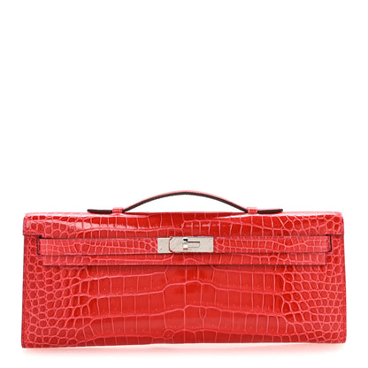 Hermes Shiny Porosus Crocodile Kelly Cut Pochette Bougainvillier 1 of 8