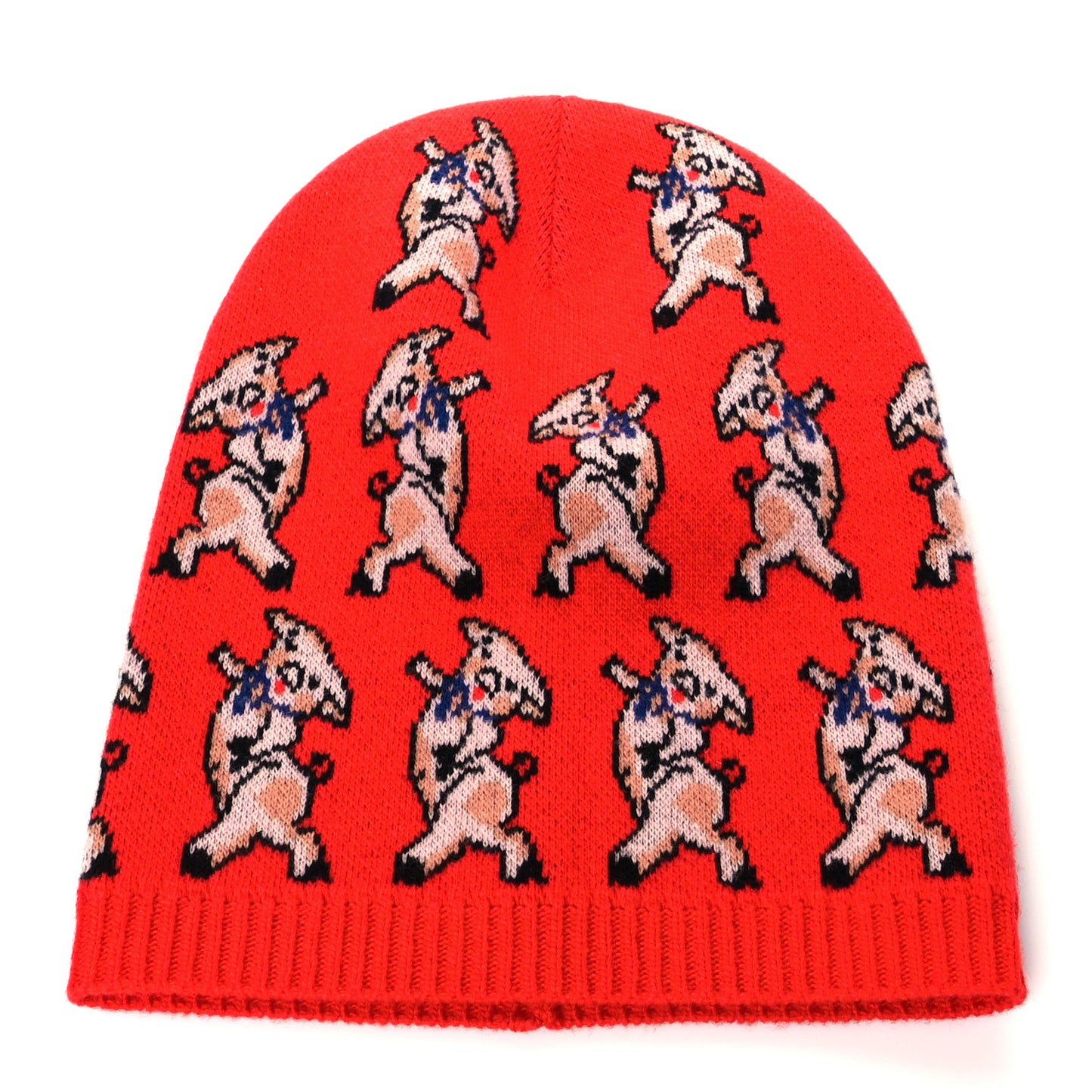 Wool Pig Print Beanie Hat M Red Multicolor