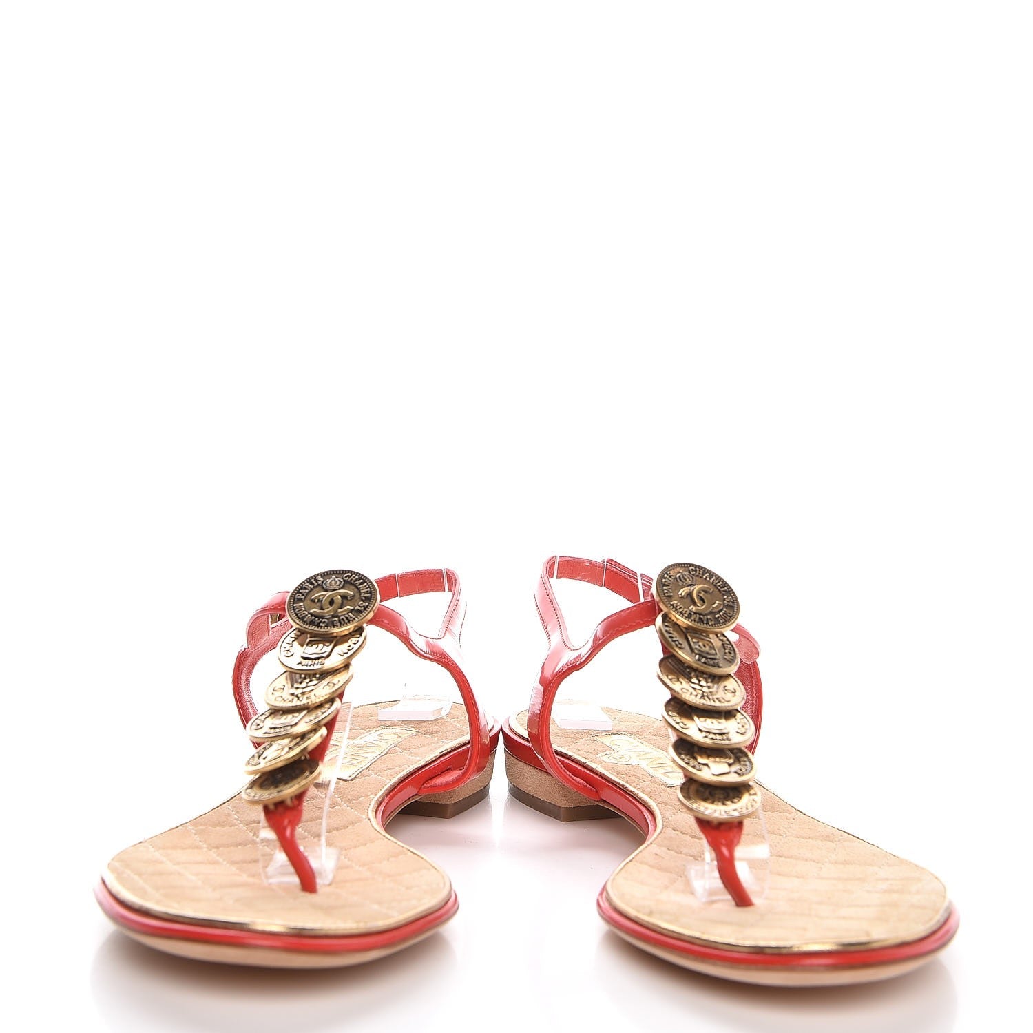 Chanel Lambskin Coin Thong Sandals 37 Red 5 of 9