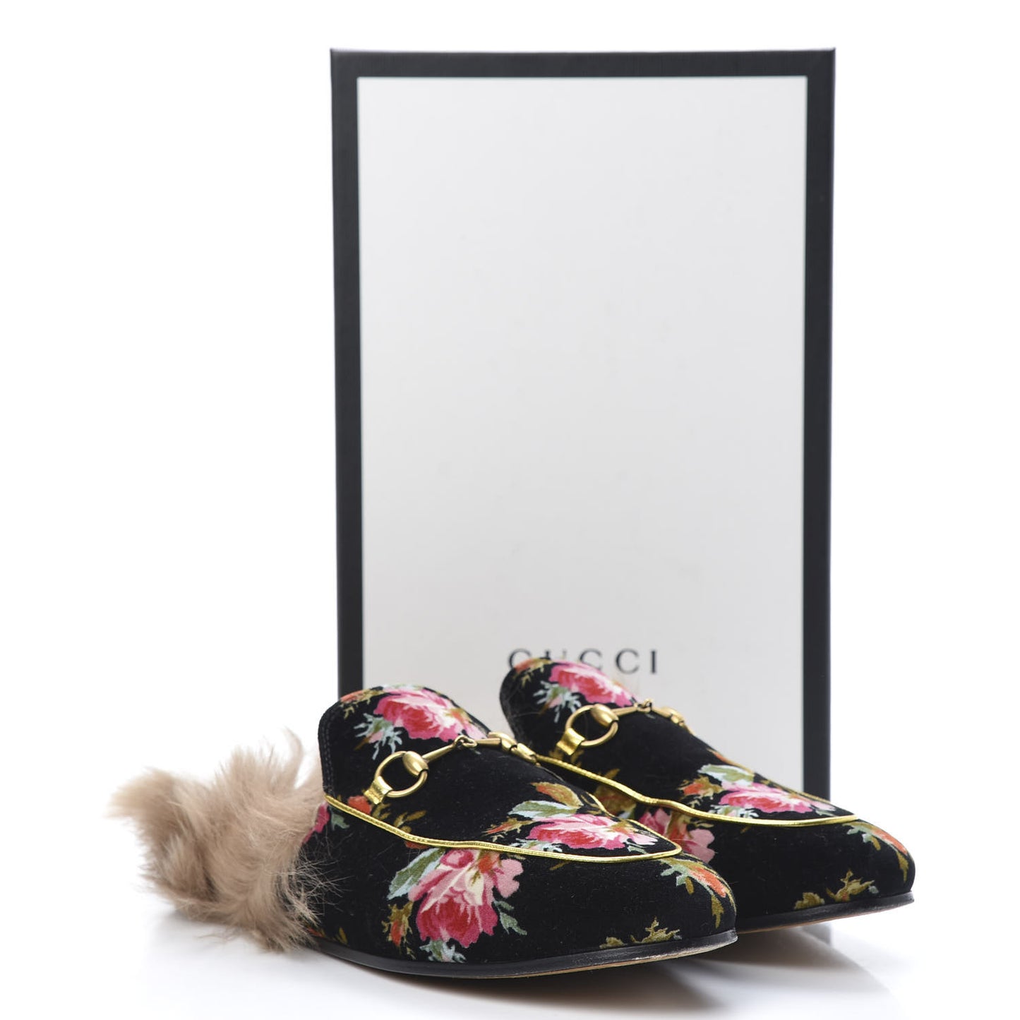 Velvet Fur Floral Womens Princetown Slippers 41 Black