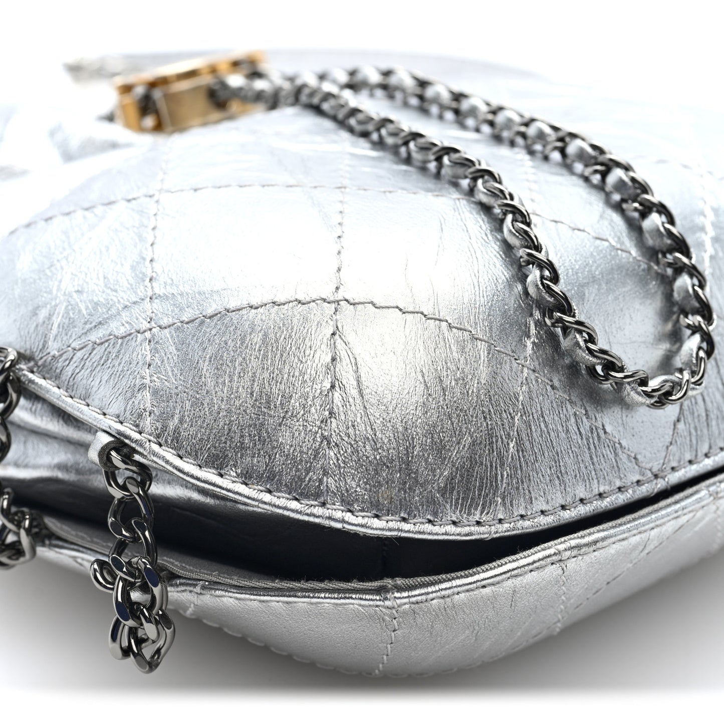 Metallic Aged Calfskin Quilted Small Gabrielle Bucket Silver