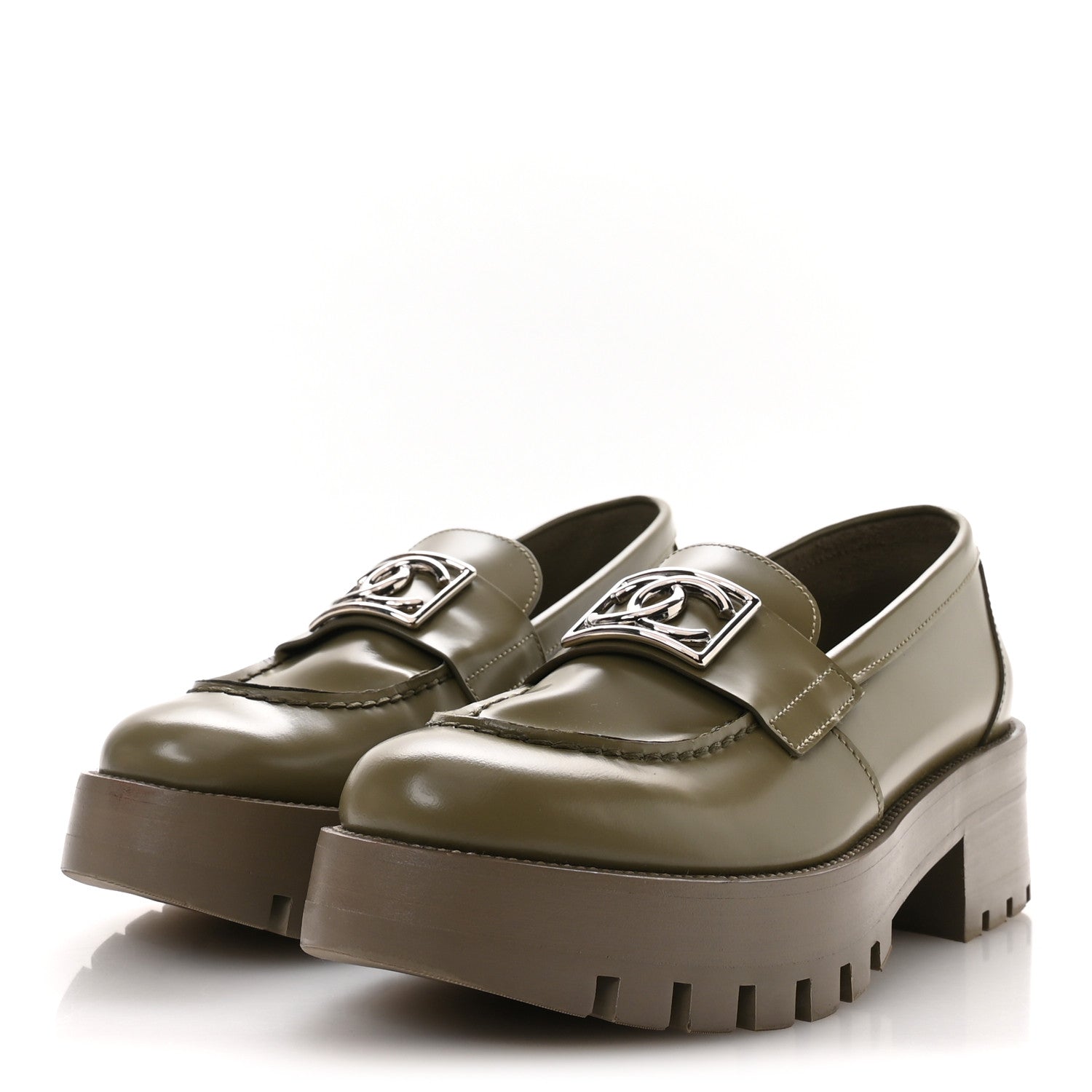 Chanel Calfskin Metal CC Loafers 37.5 Khaki 4 of 10