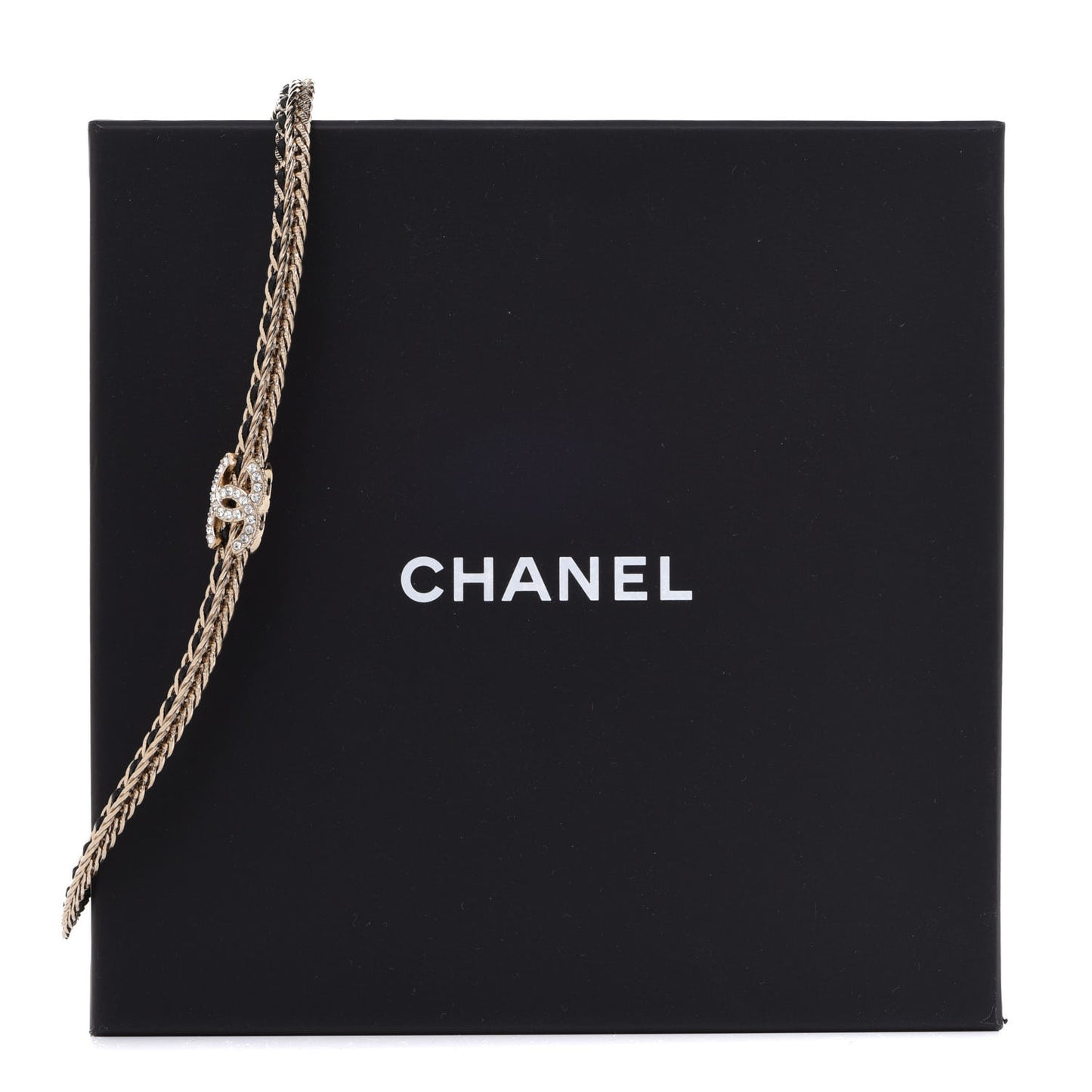 Metal Lambskin Crystal Chain CC Necklace Black Gold