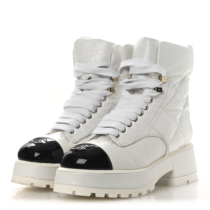 Chanel Crumpled Patent Lambskin Calfskin Quilted Lace Up Combat Boots 37 White Black 4 of 10