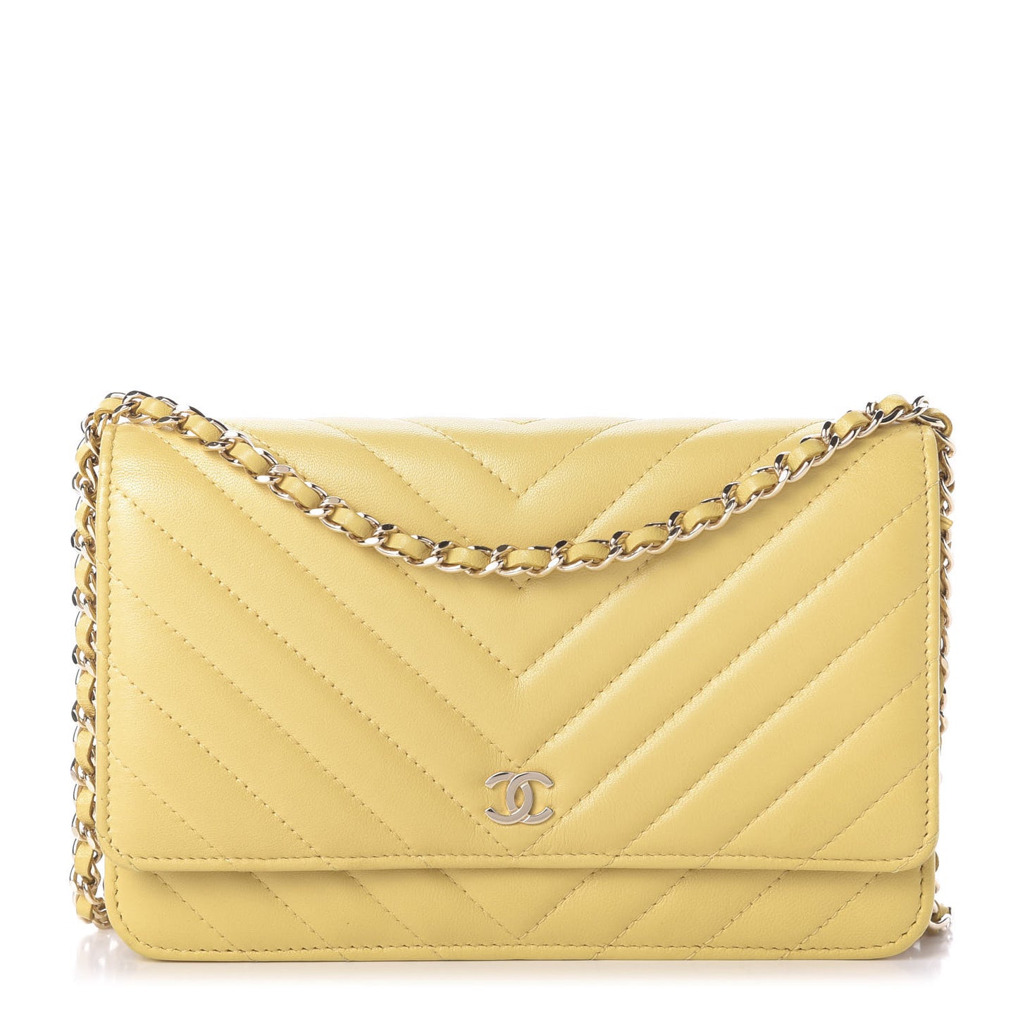 Lambskin Chevron Quilted Wallet On Chain WOC Yellow