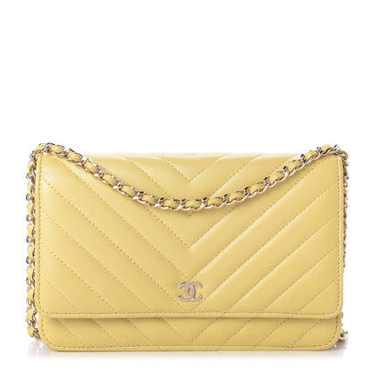 Chanel Lambskin Chevron Quilted Wallet On Chain WOC Yellow 1 of 10