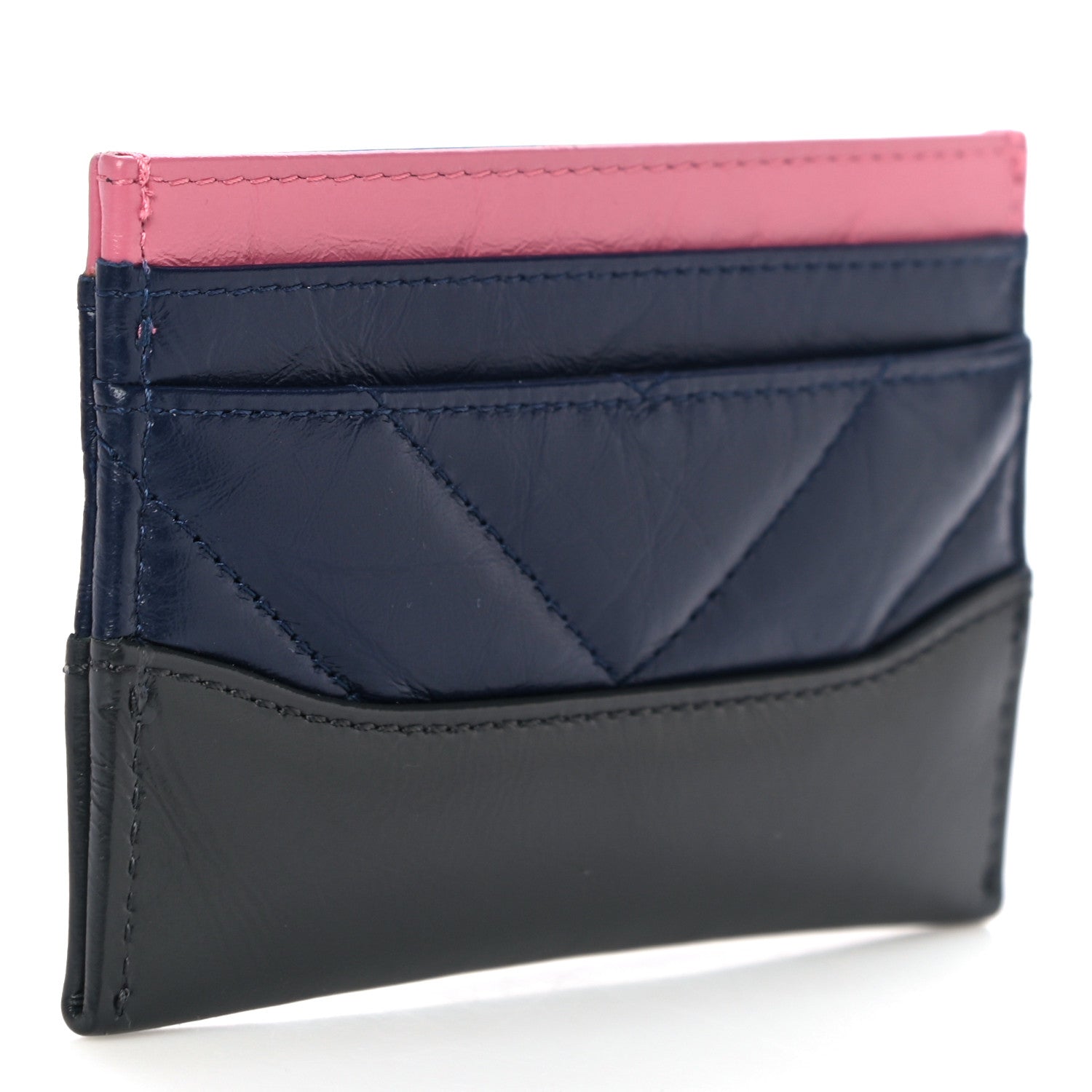 Chanel Aged Calfskin Chevron Quilted Gabrielle Card Holder Wallet Pink Navy Charcoal 3 of 12