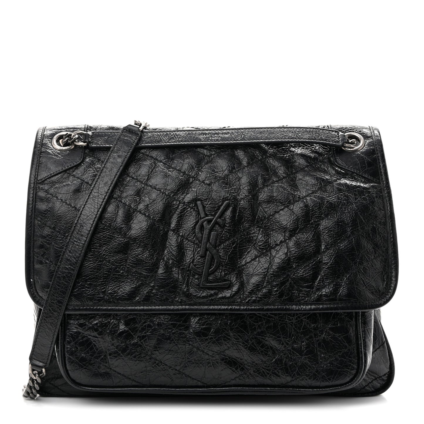 Crinkled Calfskin Matelasse Monogram Large Niki Chain Satchel Black
