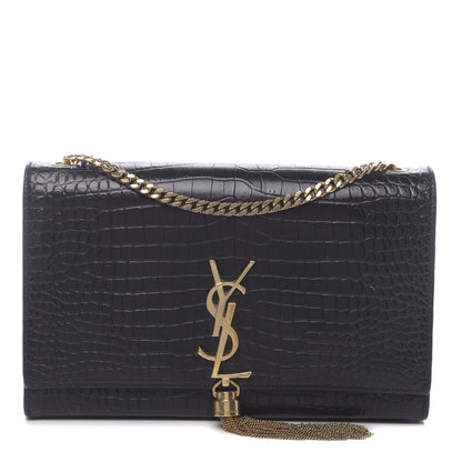 Saint Laurent Calfskin Crocodile Embossed Medium Classic Monogram Kate Tassel Satchel Black 1 of 9