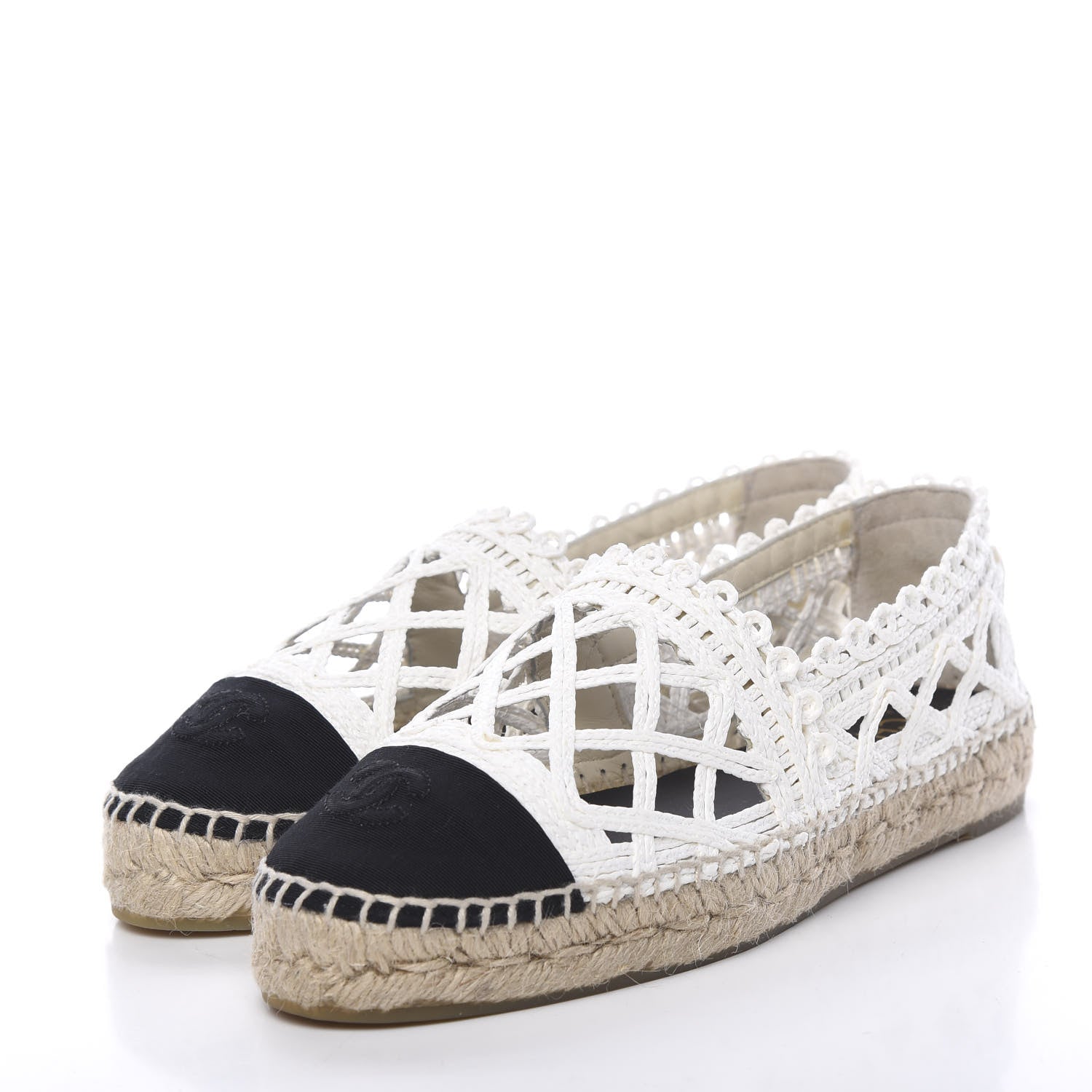 Chanel Woven Fabric Grosgrain CC Espadrilles 38 White Black 3 of 13