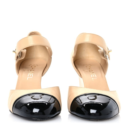 Chanel Lambskin Patent Cap Toe Mary Jane Wedge Pumps 38.5 Beige Black 3 of 9