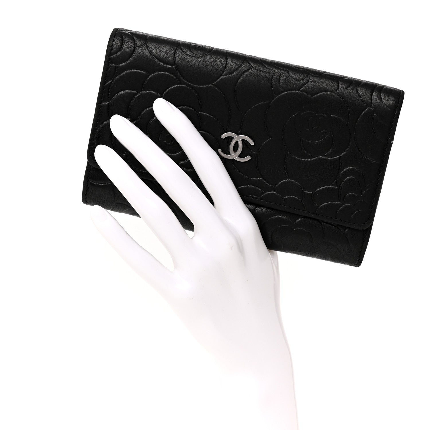 Chanel Lambskin Camellia Embossed Medium Wallet Black 2 of 11