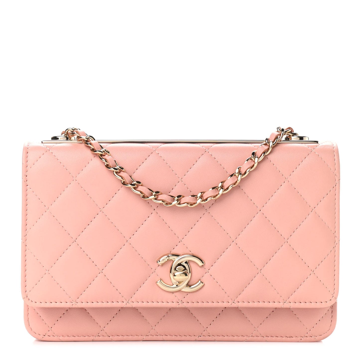 Lambskin Quilted Trendy CC Wallet On Chain WOC Pink