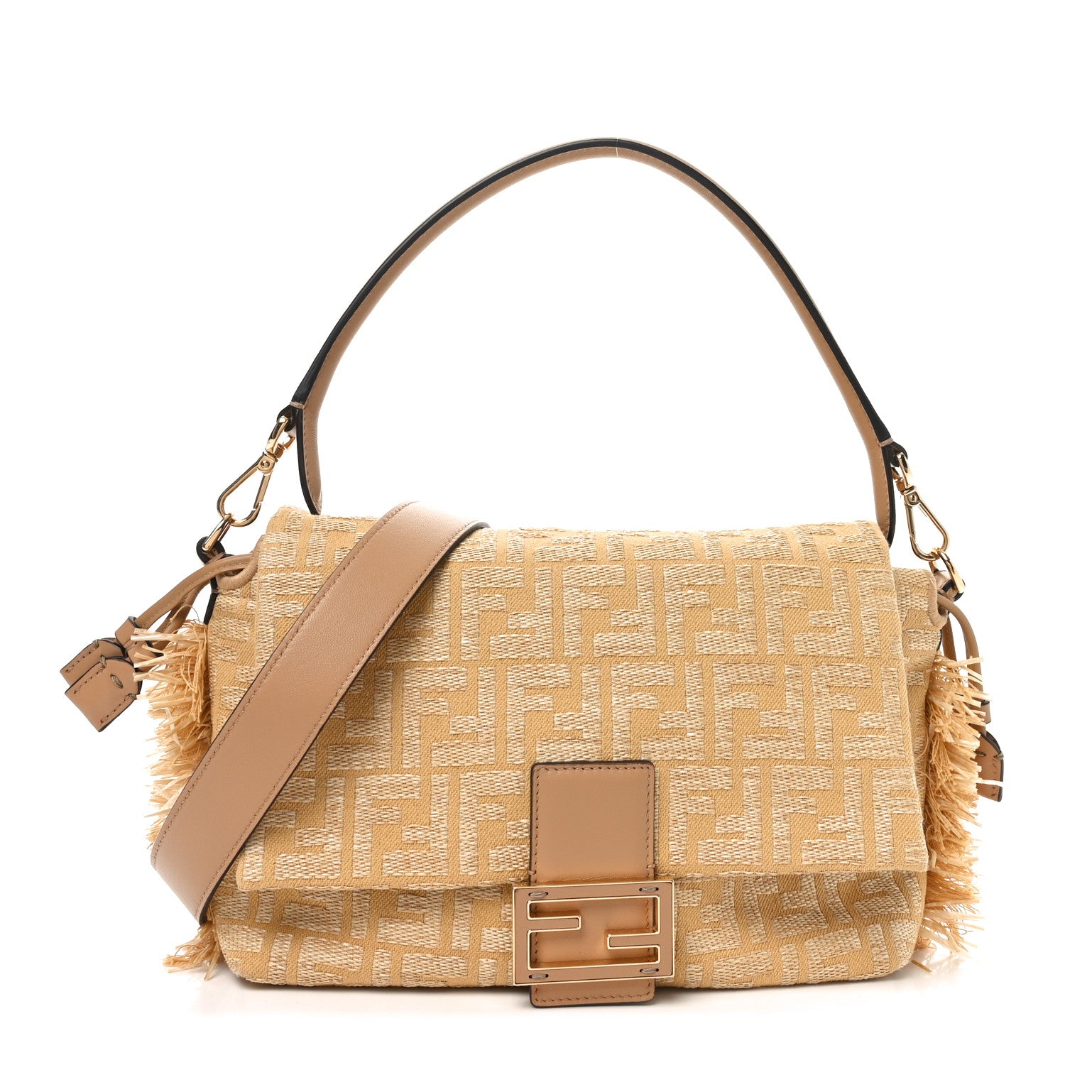 Fendi Fabric Jacquard Raffia Straw Fringe Medium Mamma Baguette Beige 1 of 10