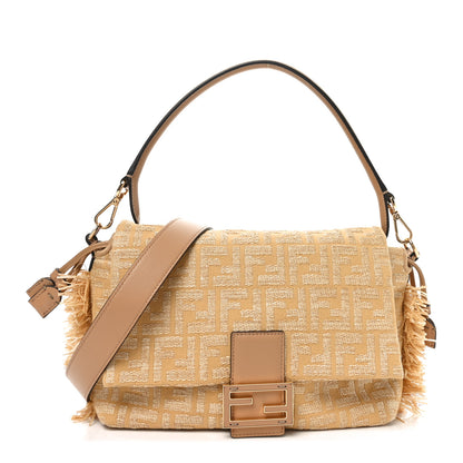 Fendi Fabric Jacquard Raffia Straw Fringe Medium Mamma Baguette Beige 1 of 10