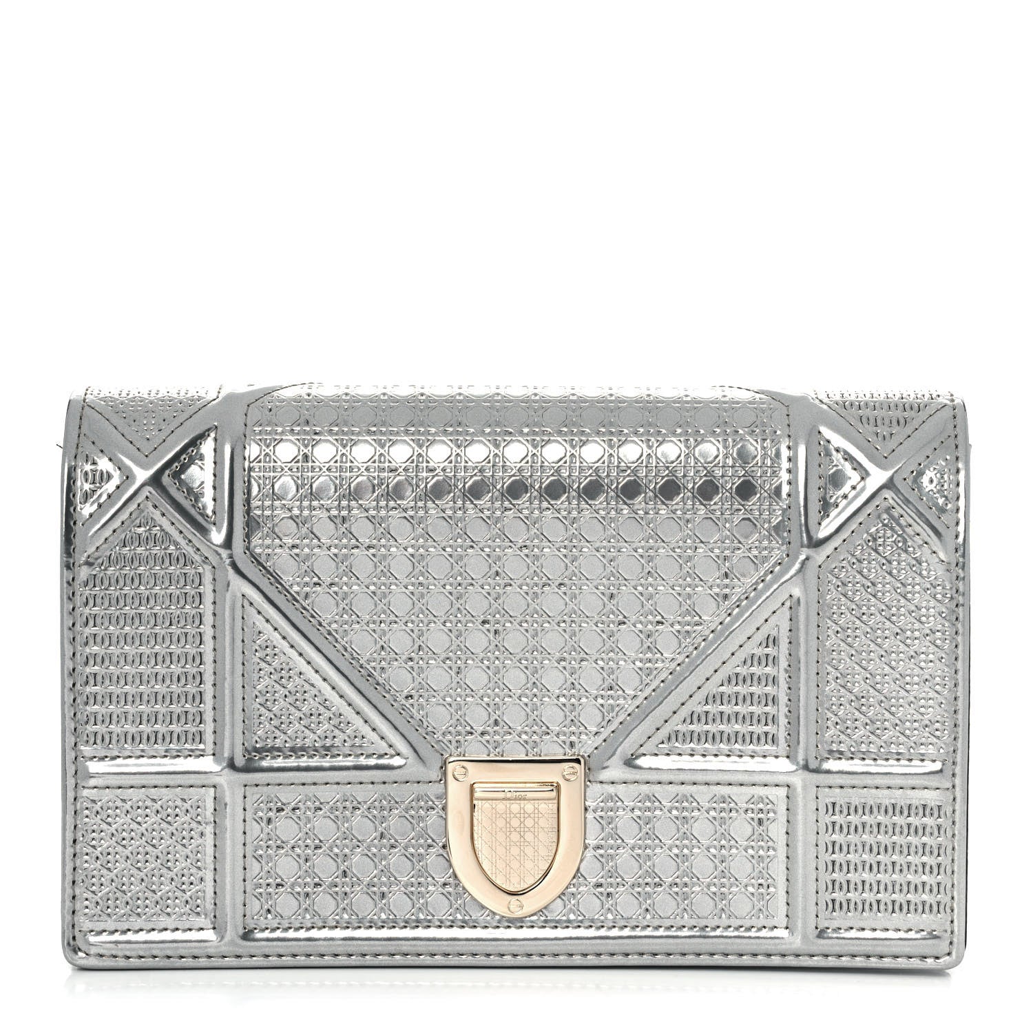 Christian Dior Metallic Patent Micro-Cannage Diorama Wallet on Chain Pouch Silver 1 of 11
